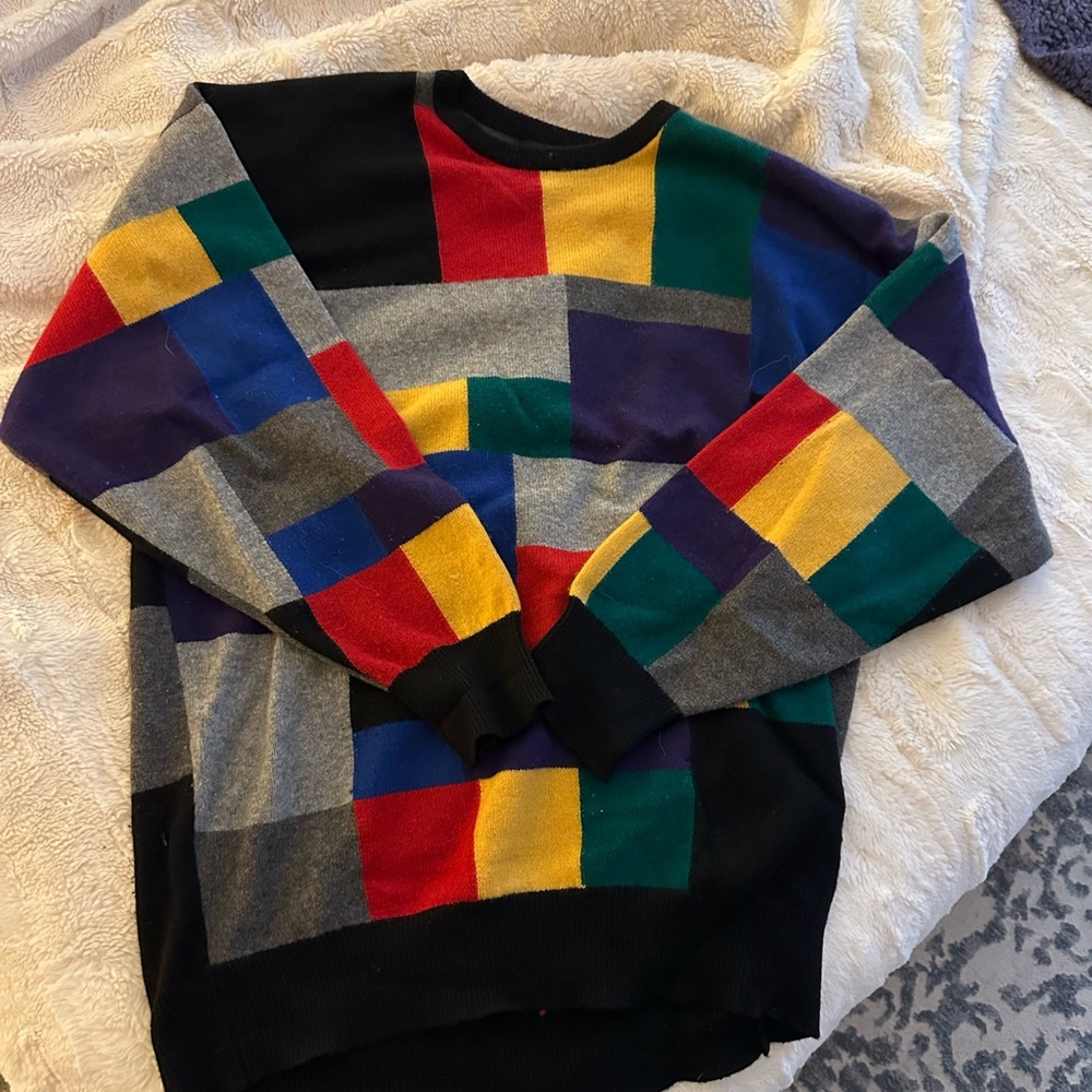 Neiman Marcus Black and Red Cashmere Crewneck Sweater